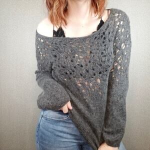 EILEEN FISHER Wool Mohair Blend Grey Open Knit  Crochet  Sweater Size M